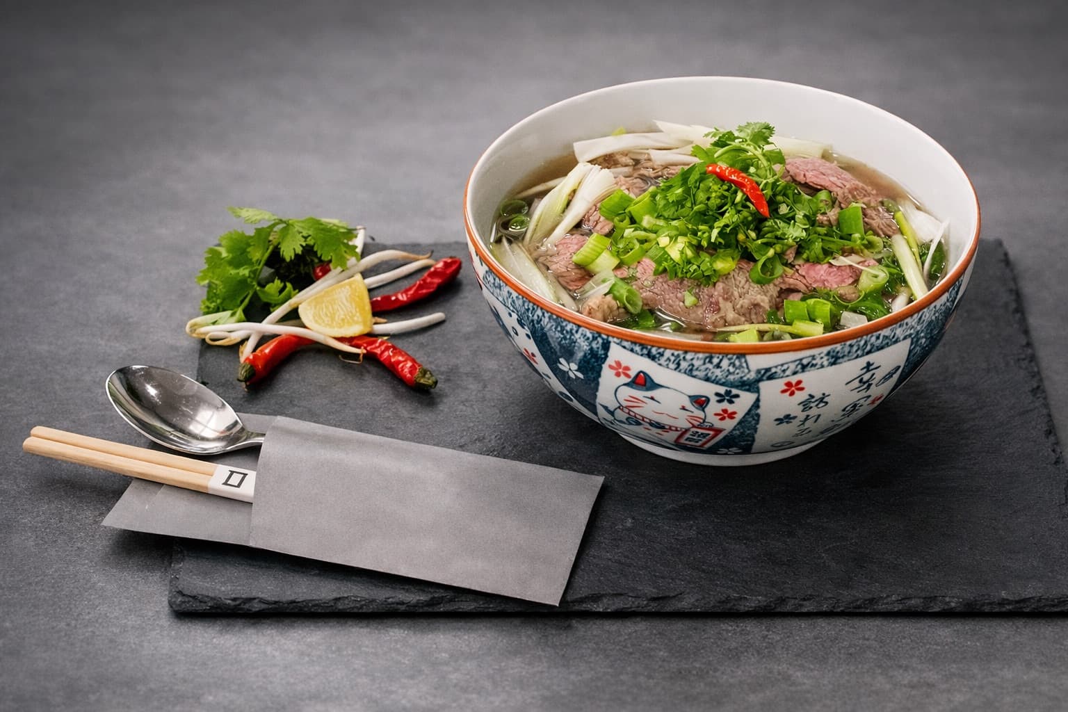 Pho Suppe mit aromatischer Brühe im Restaurant am Markt