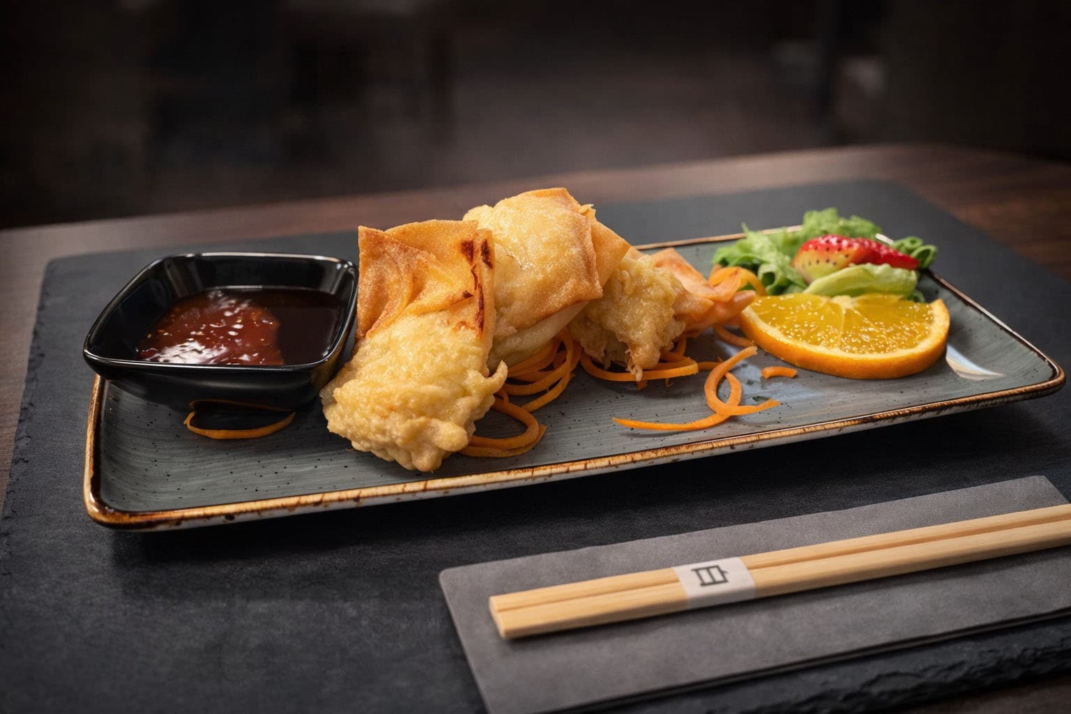 Gebackene Wan-Tan-Taschen mit Sweet Chili Dip