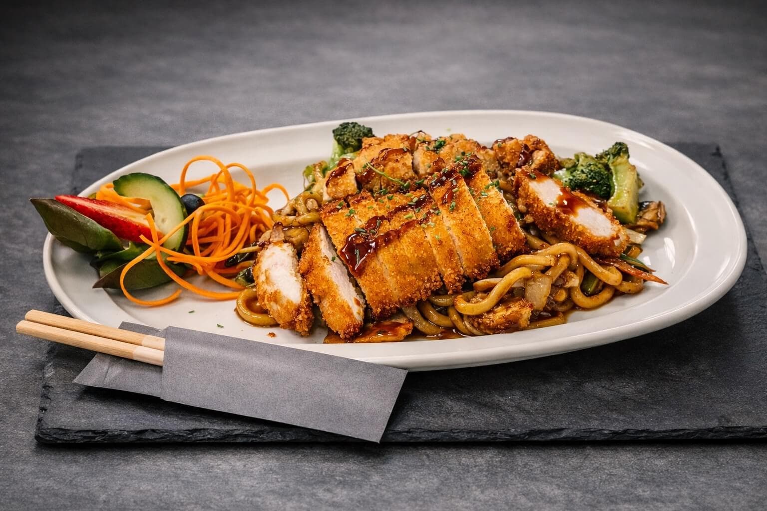 Knusprige Ente und gebratene Wok-Nudeln im Restaurant am Markt Leck