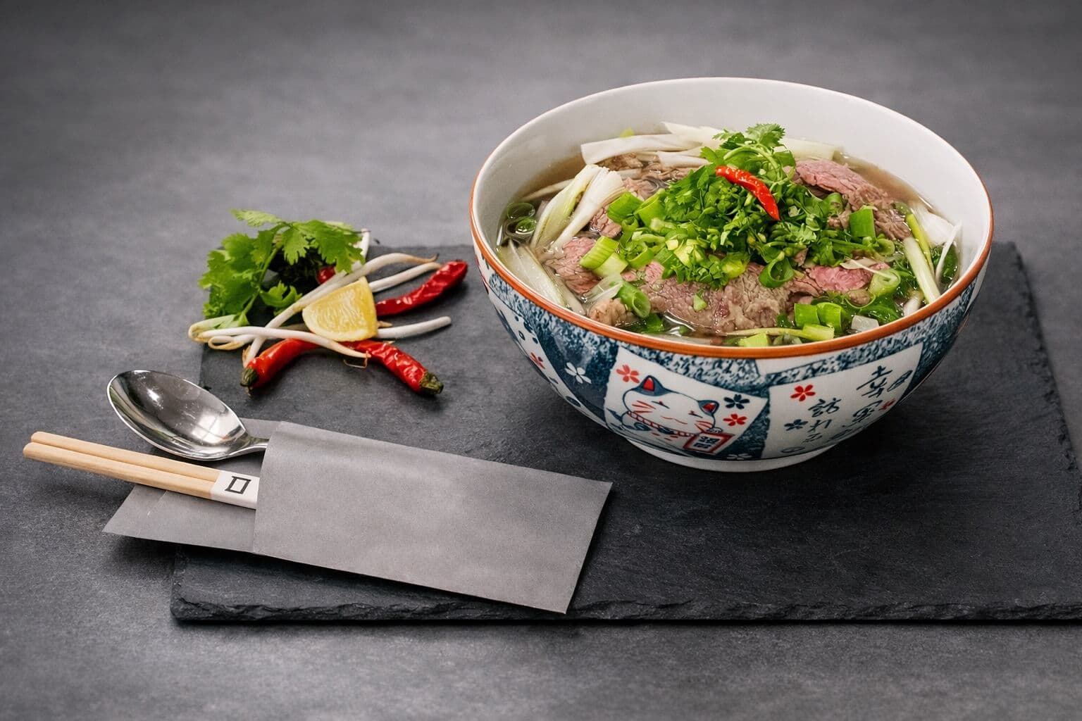 Traditionelle vietnamesische Pho Suppe mit frischen Kräutern im Restaurant am Markt Leck