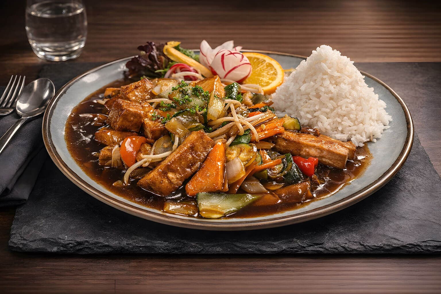 Frische Wok-Spezialitäten mit knackigem Gemüse und Jasmin Reis im Restaurant am Markt Leck